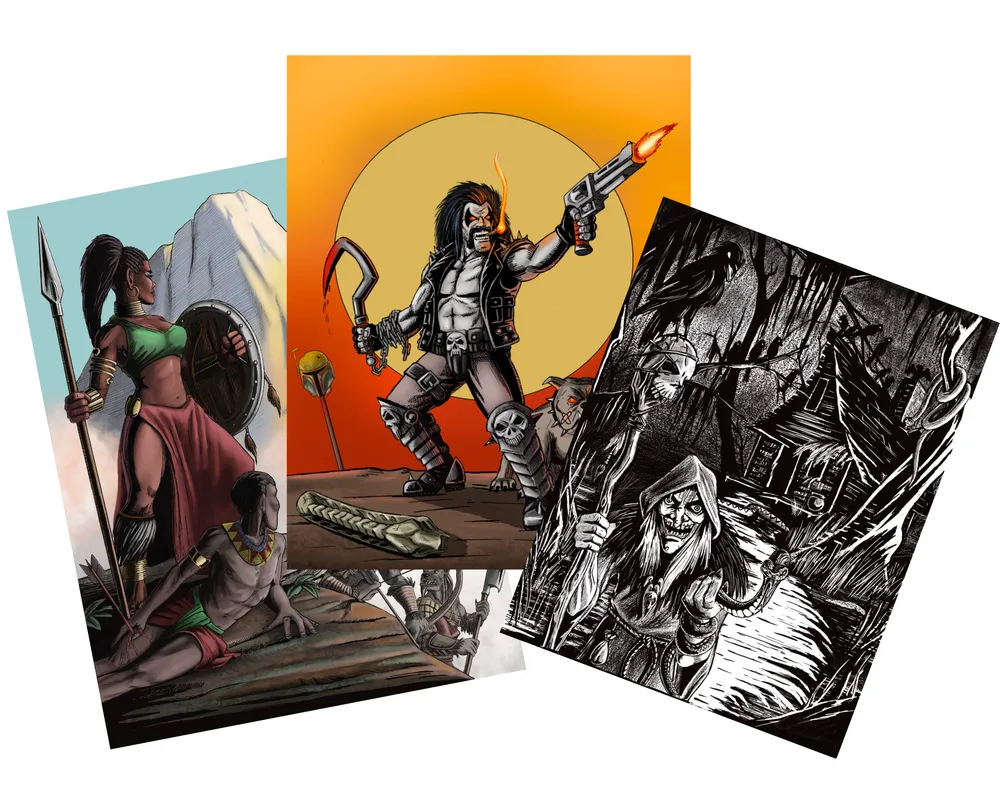 Three art prints fanned out