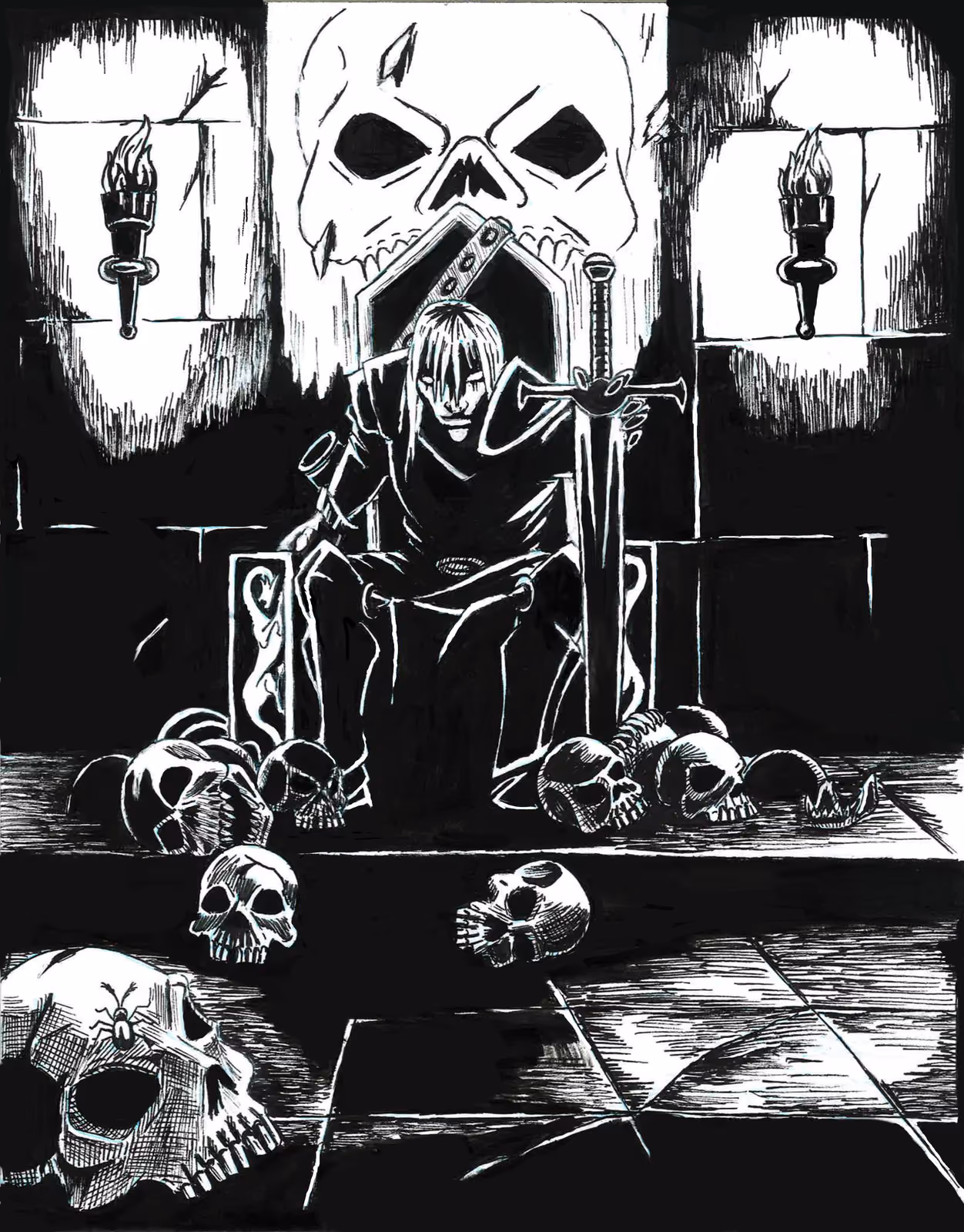 A hooded knight sits on a stone throne with a greatsword planted point-down before him, beneath a vast skull relief flanked by torch-lit windows, skulls scattered across the tiled floor.