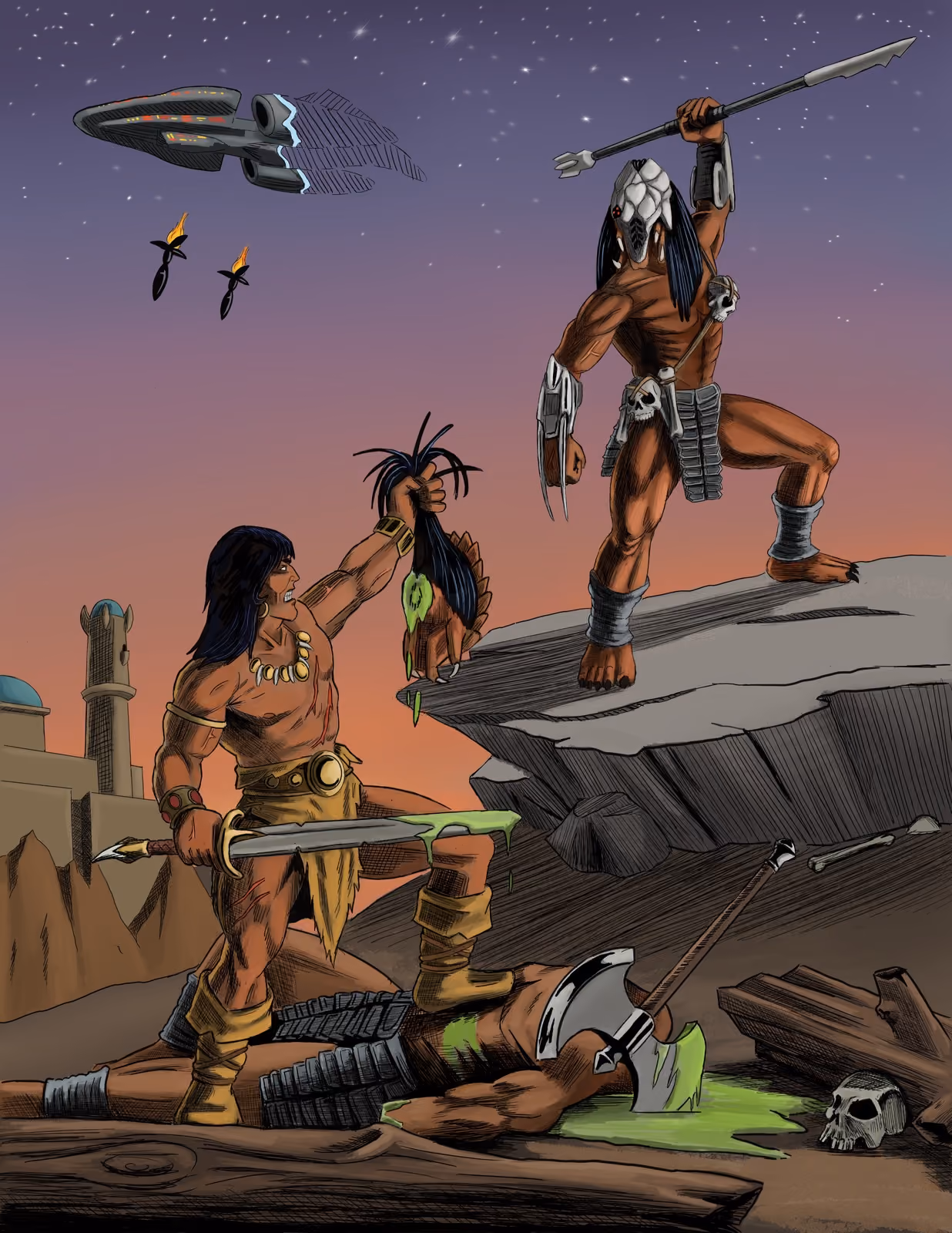 A barbarian swordsman holds up a severed trophy head toward a spear-wielding alien hunter perched on a rock ledge, a starship banking overhead above a desert town at dusk.