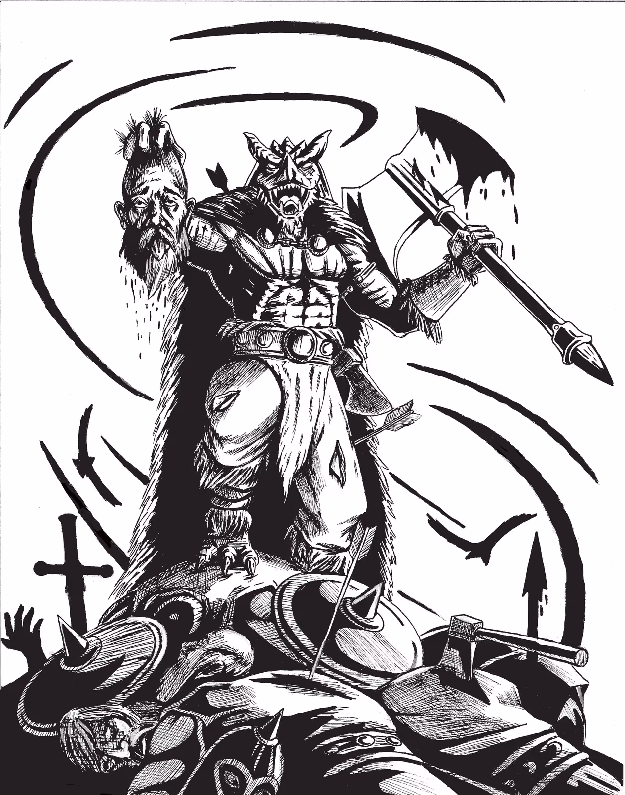 The same dragonborn raider drawn in black and white, axe raised and a severed head held aloft atop a heap of armour and weapons, framed by sweeping brushstrokes.