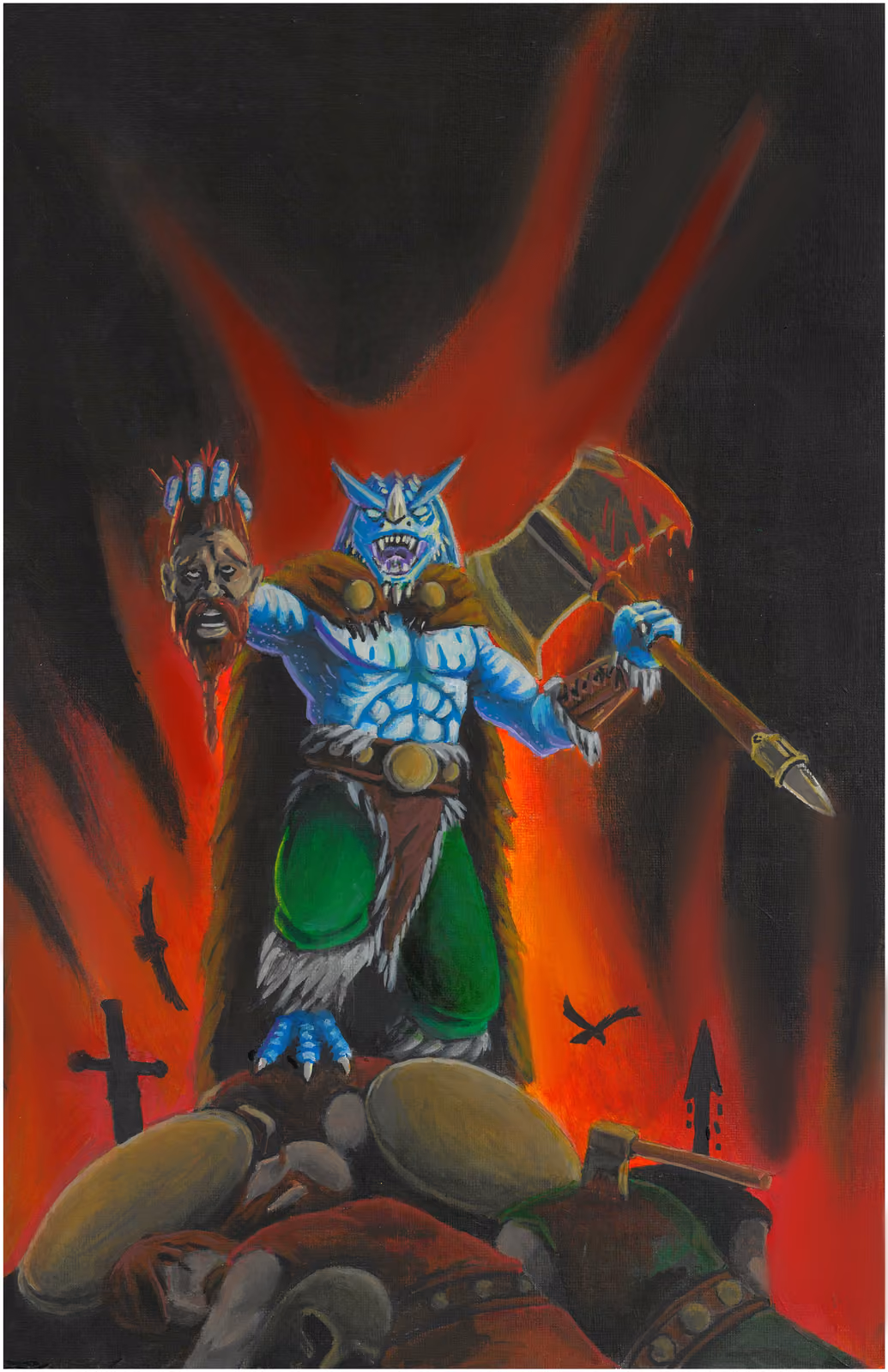A blue-scaled dragonborn raider stands astride fallen bodies, a severed bearded head held out in one hand and a broad axe in the other, against a black field slashed with red and circling crows.