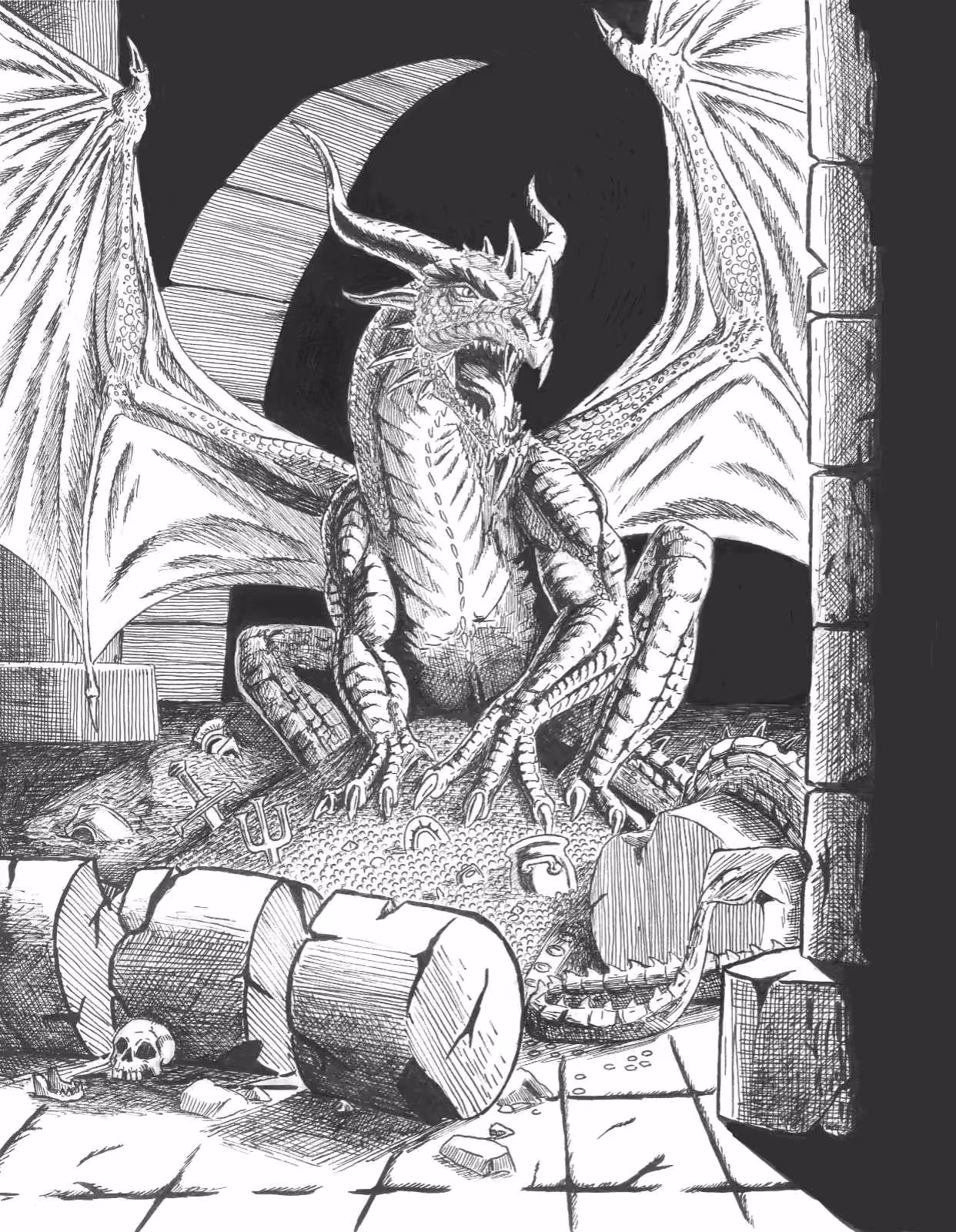 A dragon sitting on a mound of gold surrounded by fallen columns.