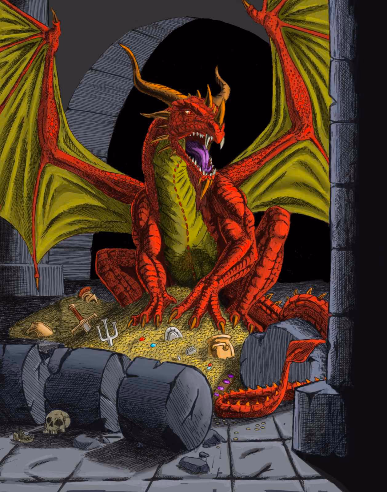 A red dragon sits on its hoard amongst fallen columns.