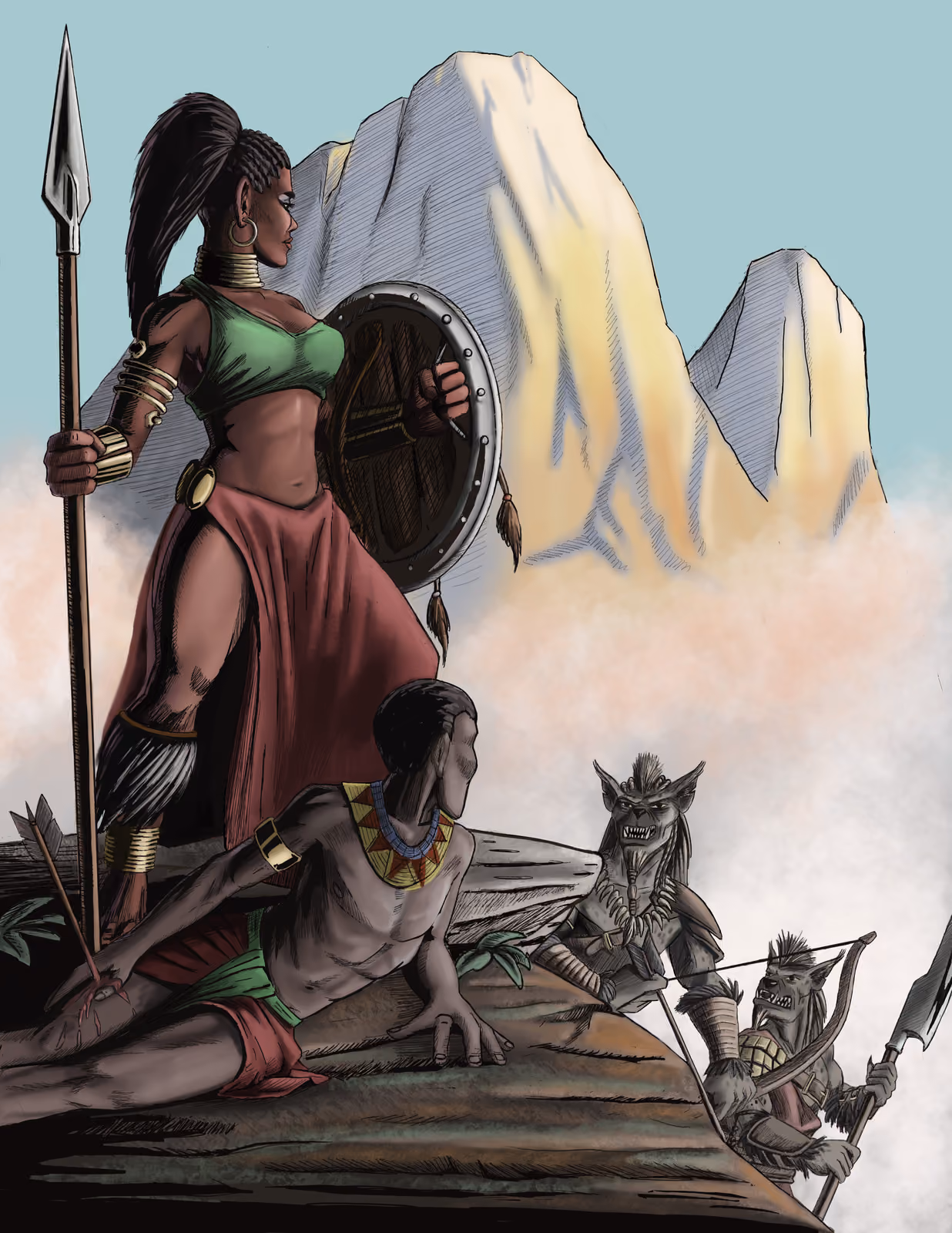 A spear-carrying warrior with a round wooden shield stands over a fallen companion on a ridge as two goblin archers climb toward them, pale mountains rising behind.